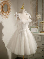 White Sweetheart Neck Tulle Lace Short Prom Dress, White Tulle Formal Dress