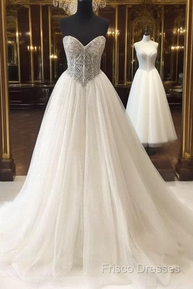 White Sweetheart Sequin Long Formal Prom Dress, White Formal Dress Main image