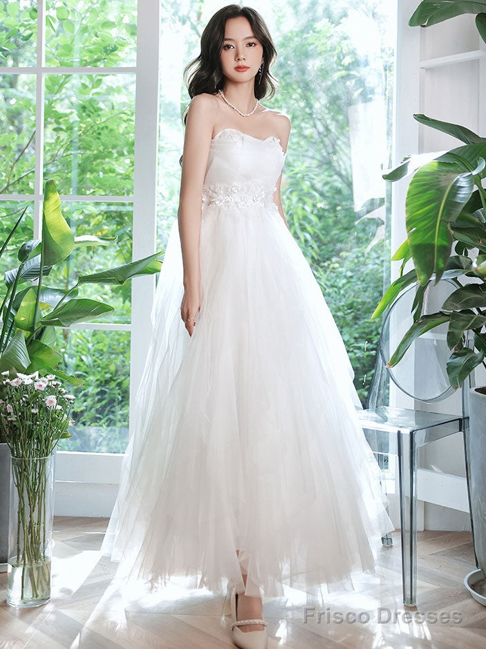 White Sweetheart Tulle Tea Length Lace Prom Dress, Lace Evening Dress Main image