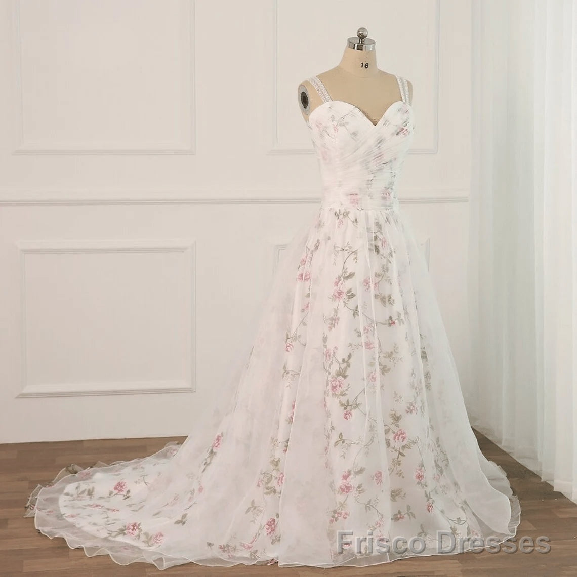 White Tulle and Floral Long Straps Formal Gown Beautiful White Party Dress prom dresses shops