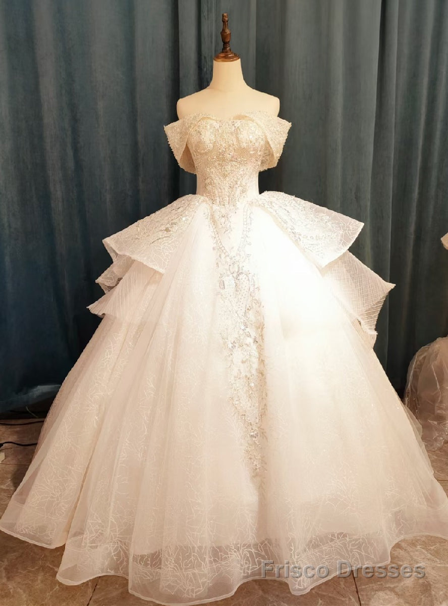 White Tulle Appliques Pearls Wedding Dress Main image