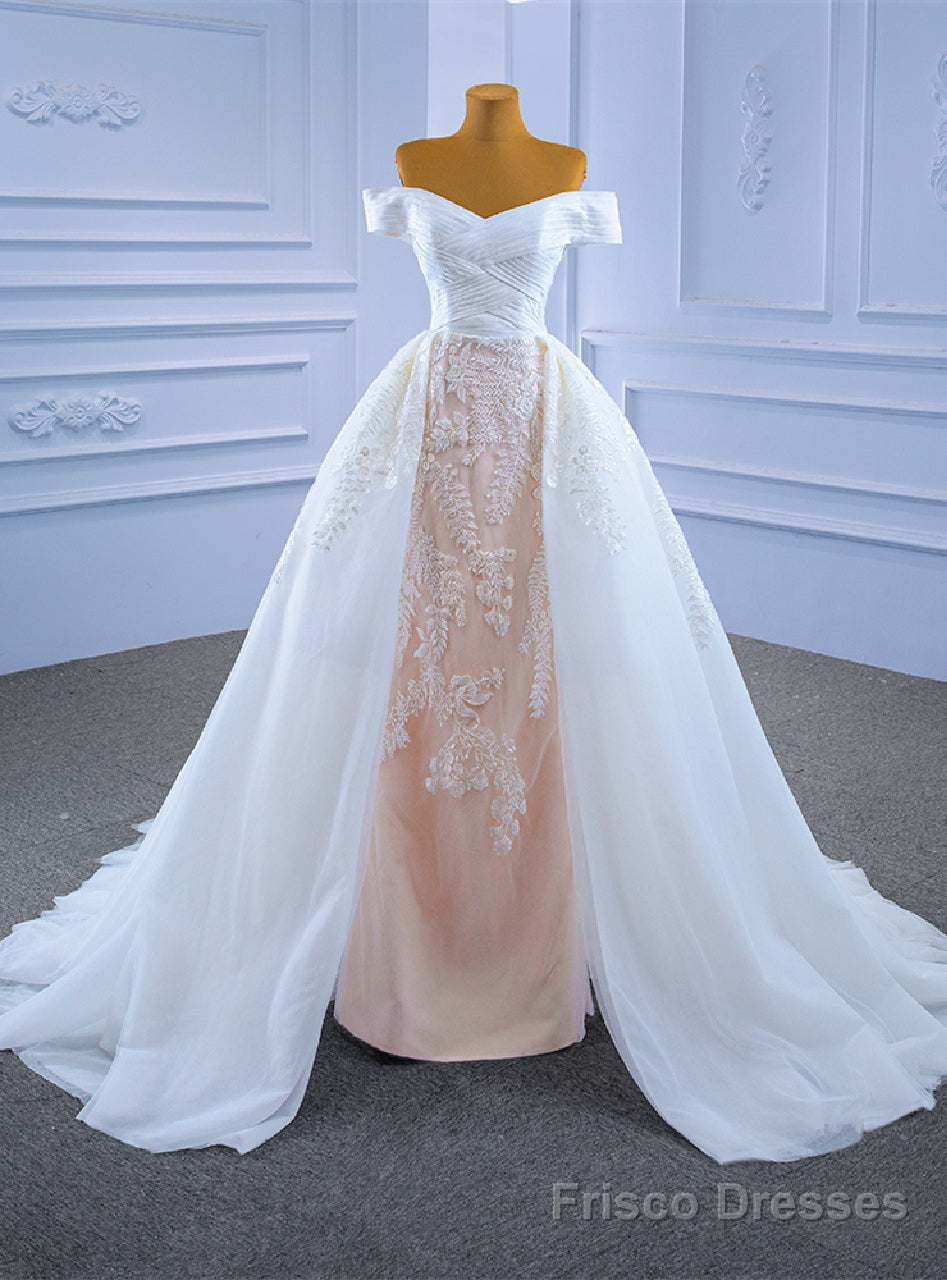 White Tulle Appliques Pleats Off the Shoulder Wedding Dress Main image