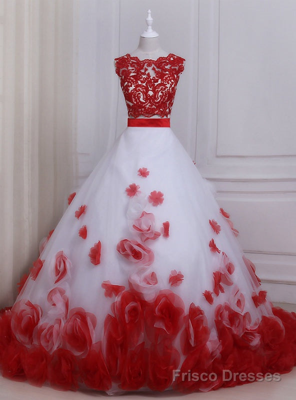 White Tulle Appliques Two Pieces Sleeveless Floor Length Flowers Bridal Gowns Main image