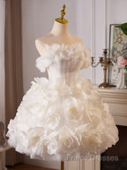 White Tulle Flower Ball Gown Short Formal Prom Dress, Cute Sweet 16 Dress
