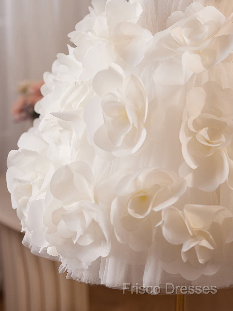 White Tulle Flower Ball Gown Short Formal Prom Dress, Cute Sweet 16 Dress