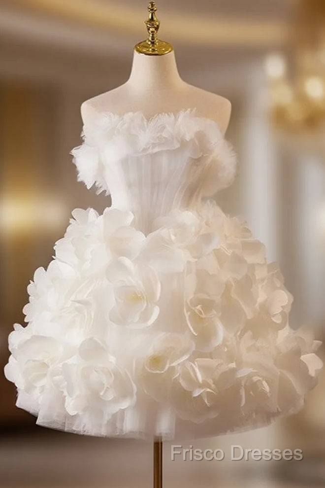 White Tulle Flower Ball Gown Short Formal Prom Dress, Cute Sweet 16 Dress Main image