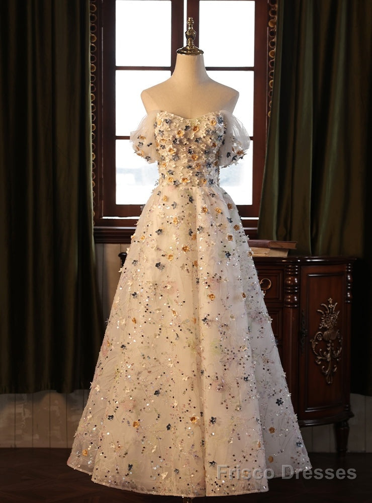 White Tulle Flower Off the Shoulder Prom Dress Main image