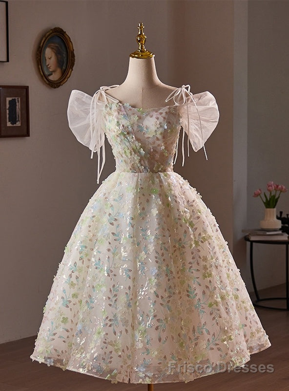 White Tulle Flower Sequins Short Sleeve Homecoming Dress Main image