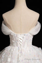 White Tulle Flowers Floor Length Prom Dresses, Beautiful A-Line Backless Sweet 16 Formal Dresses