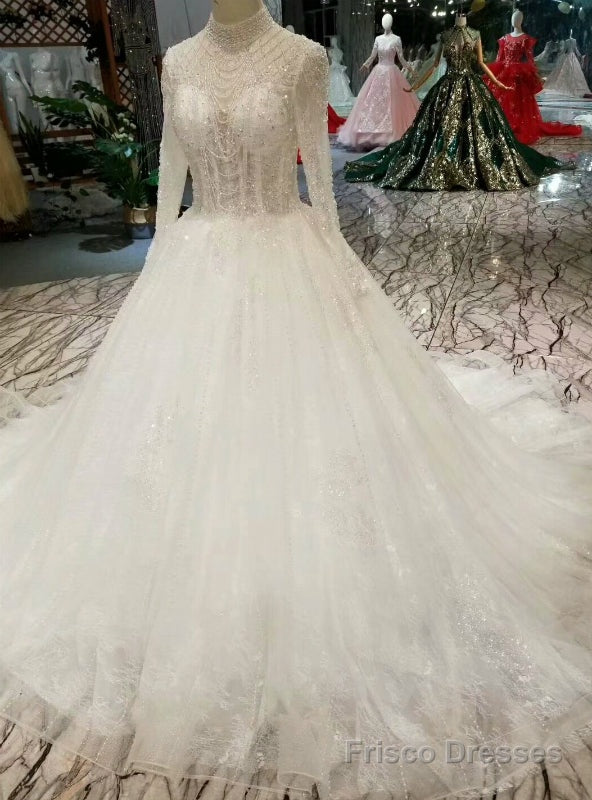 White Tulle High Neck Long Sleeve Backless Wedding Dress With Beading Main image