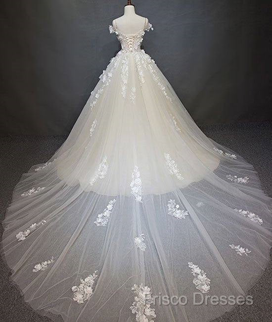 White Tulle Lace Applique Long Formal Prom Dress, White Lace Wedding Dress