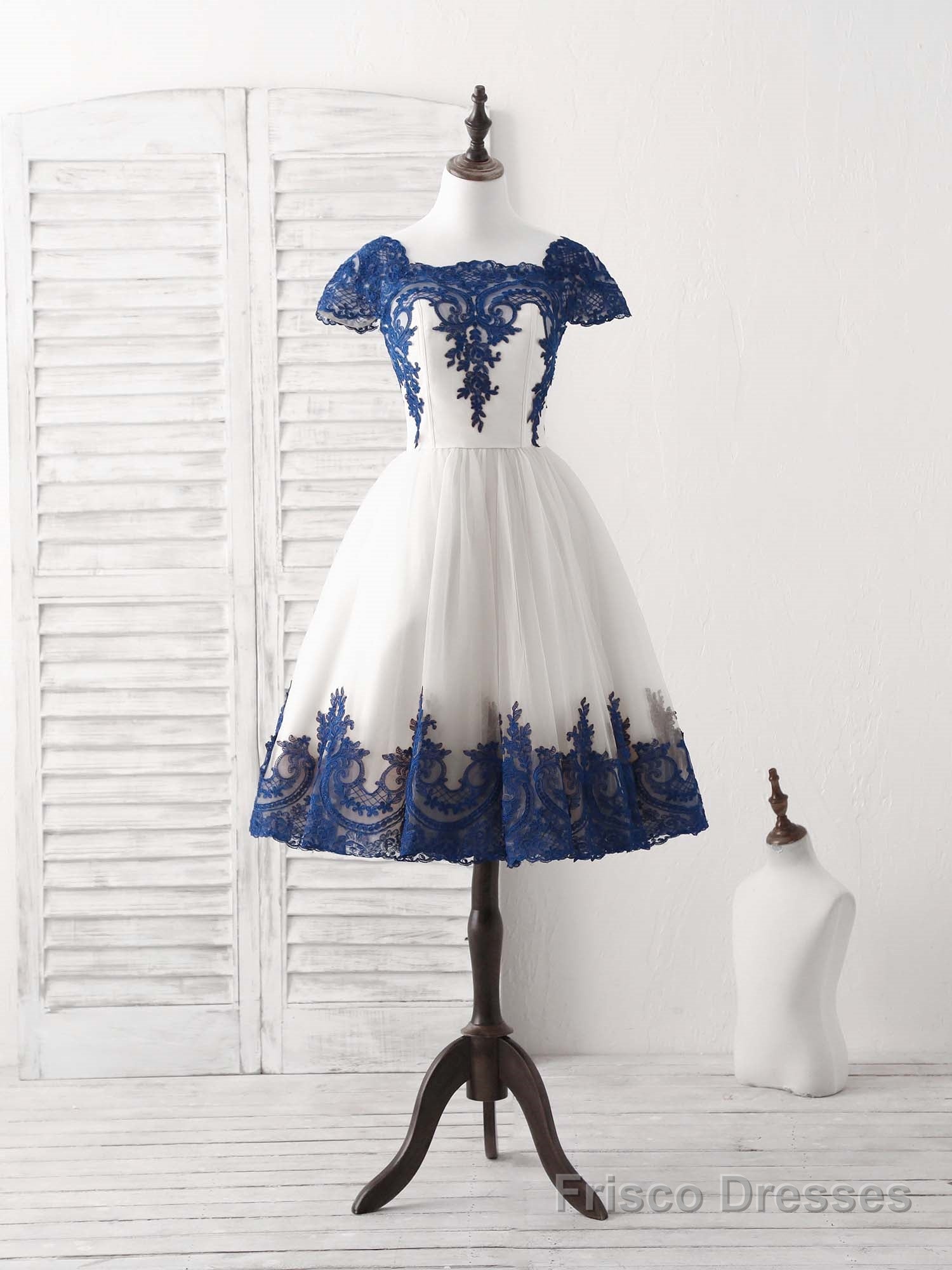 White Tulle Lace Applique Short Prom Dress, Tulle Homecoming Dress