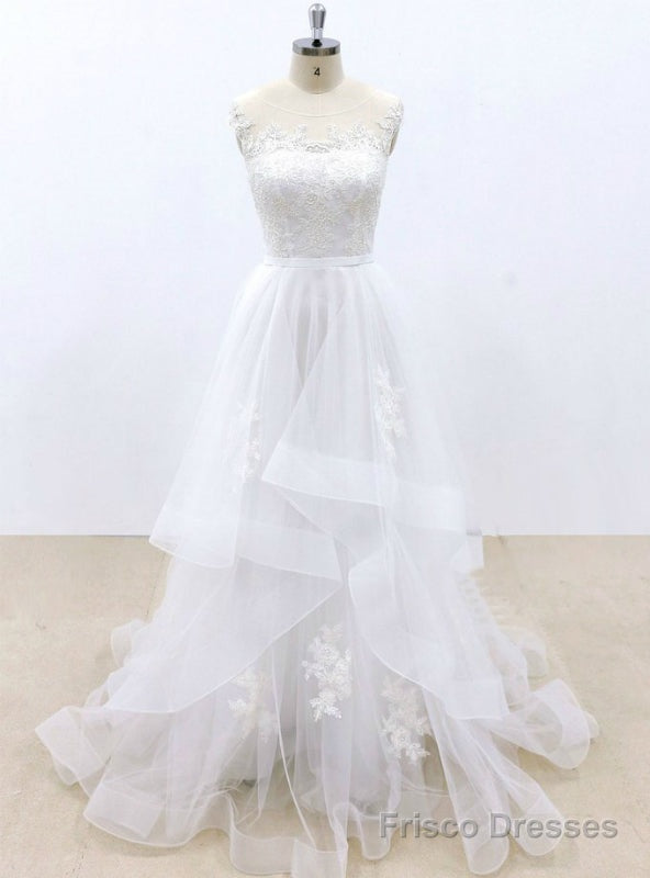 White Tulle Lace Appliques Cap Sleeve Wedding Dress Main image