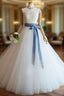 White Tulle Lace Long Pom Dress, White Tulle Wedding Dress