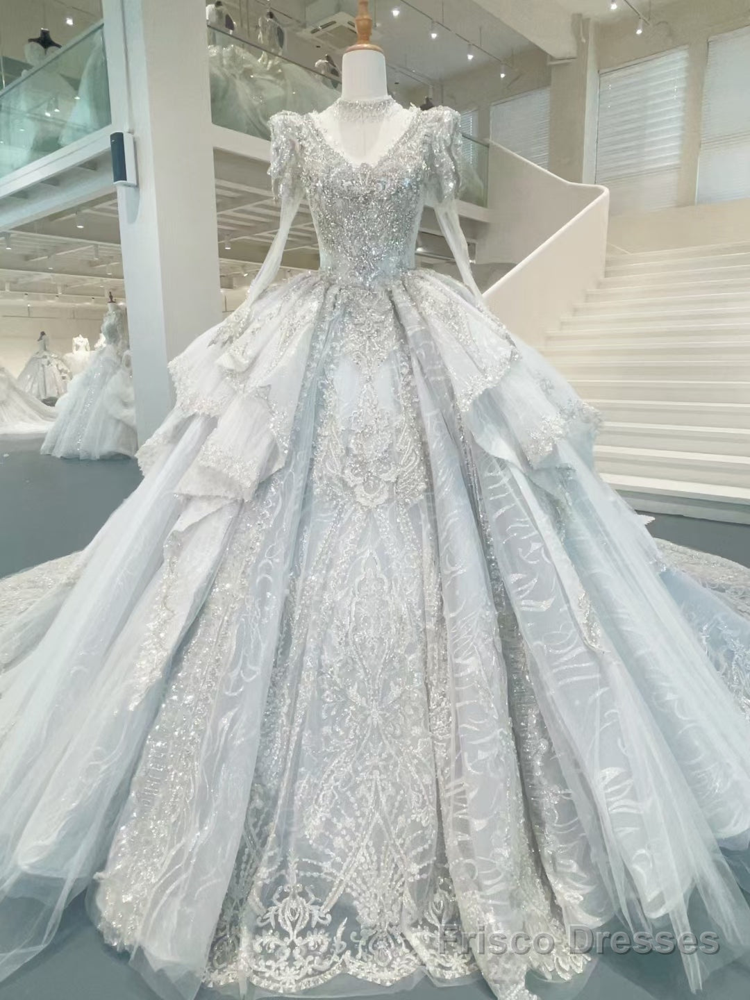 White Tulle Lace Long Sleeve Beading Wedding Dress With Long Train Main image