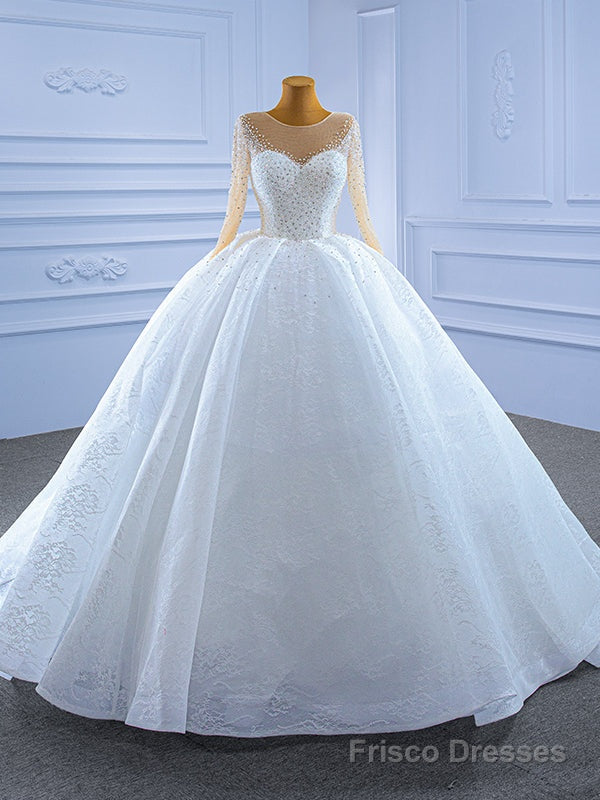 White Tulle Lace Long Sleeve Beading Wedding Dress Main image