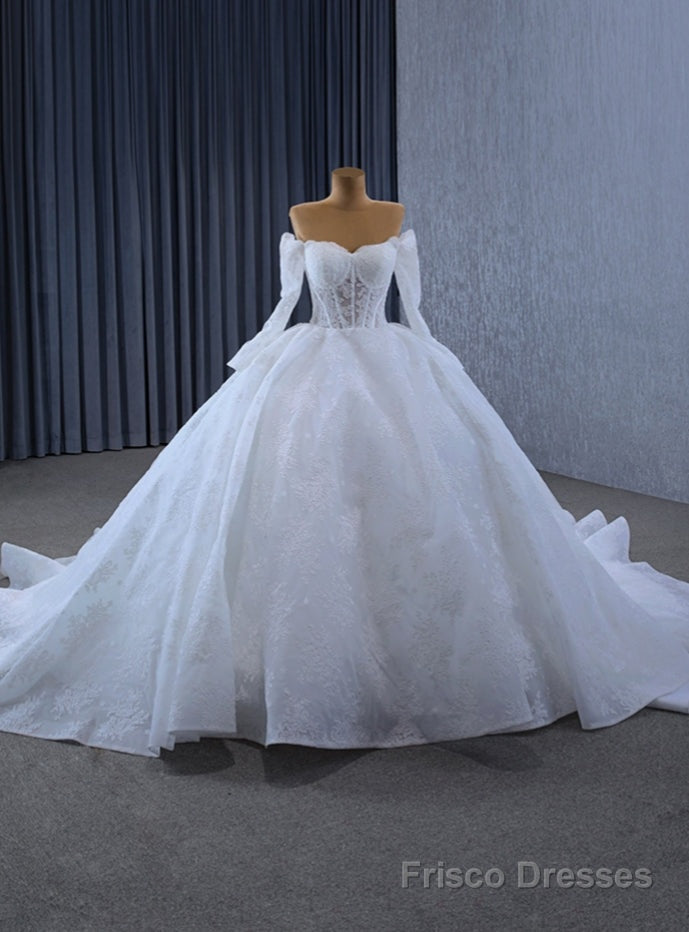 White Tulle Lace Long Sleeve Off the Shoulder Wedding Dress Main image