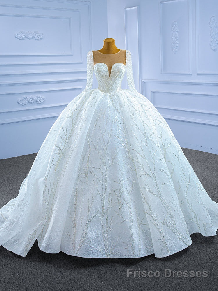 White Tulle Lace Long Sleeve Sequins Appliques Wedding Dress Main image