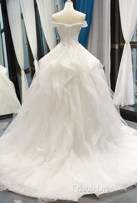 White Tulle Lace Off Shoulder Long Formal Prom Dress White Lace Wedding Dress
