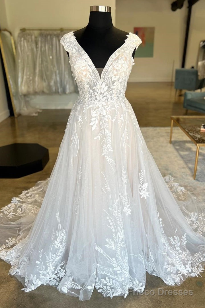 White Tulle Lace Plunge V Backless Long Bridal Gown Sexy