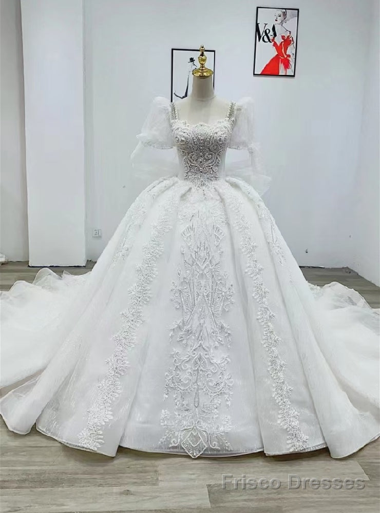White Tulle Lace Puff Sleeve Beading Pearls Wedding Dress Main image