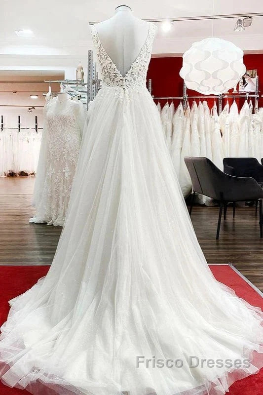 White Tulle Lace Wedding Dress A-Line V Neck Bridal Dress With Sweep Train Sleeveless Floor Length