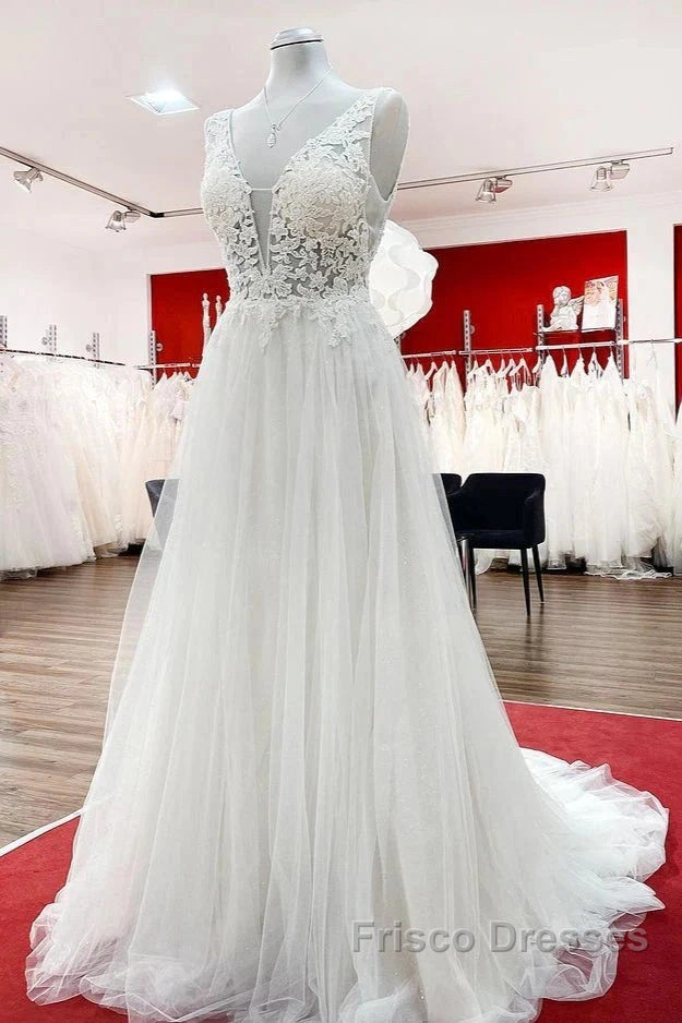 White Tulle Lace Wedding Dress A-Line V Neck Bridal Dress With Sweep Train Sleeveless Floor Length