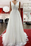 White Tulle Lace Wedding Dress A-Line V Neck Bridal Dress With Sweep Train Sleeveless Floor Length