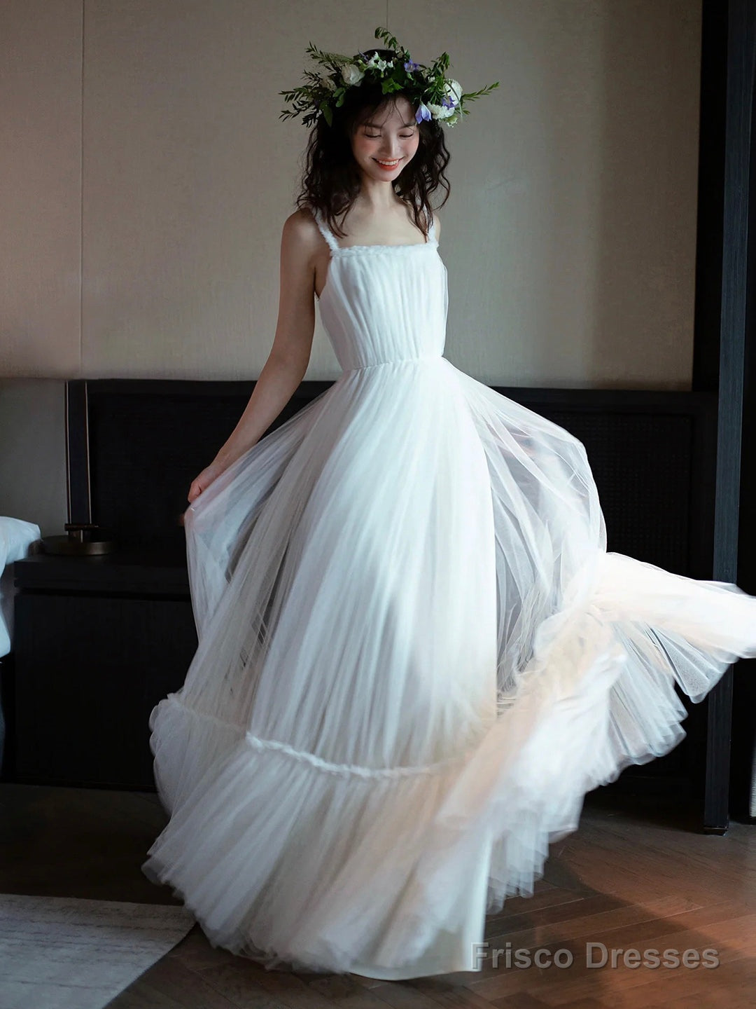 White Tulle Long A-Line Prom Dress, White Floor Length Evening Formal Dress Main image