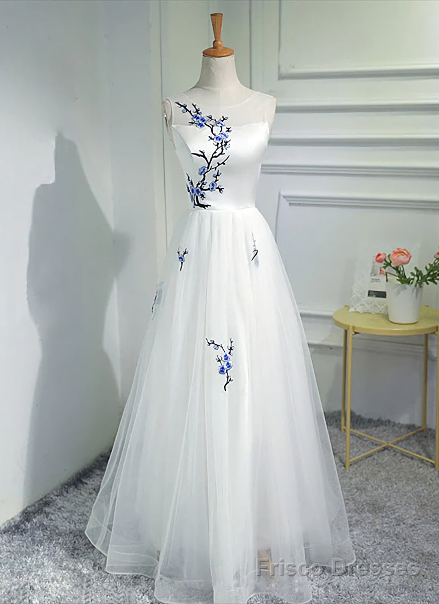 White Tulle Long A-line Prom Dress, White Graduation Dress