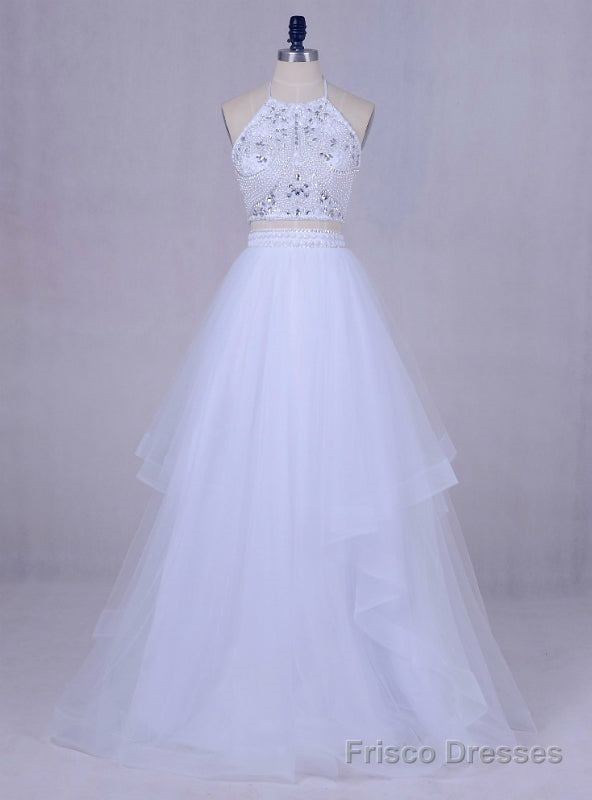 White Tulle Long Graduation Beading Halter Backless 2 Piece Prom Dress Main image