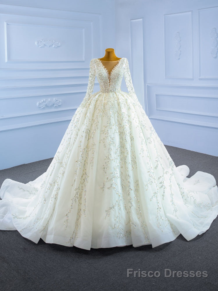 White Tulle Long Sleeve Beading Sequins Wedding Dress Main image
