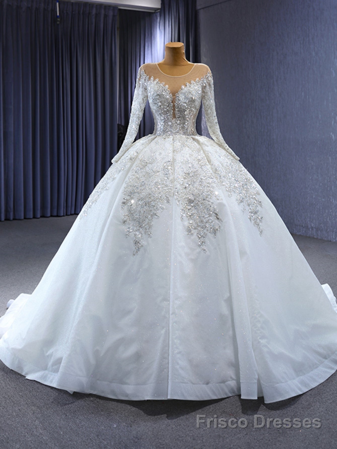 White Tulle Long Sleeve Sequins Wedding Dress Main image