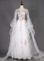 White Tulle Long Sleeves A-Line Wedding Party Dress, White Tulle Formal Prom Dress