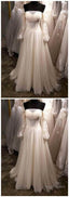 White Tulle Off Shoulder Long Sleeve See Through A-Line Wedding Dress, Long Formal Prom Dress