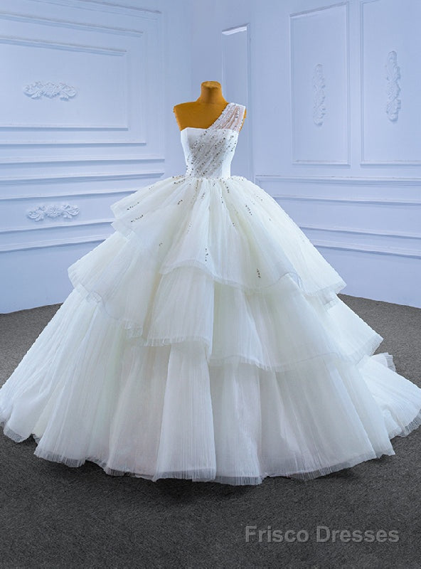 White Tulle One Shoulder Pleats Beading Wedding Dress Main image