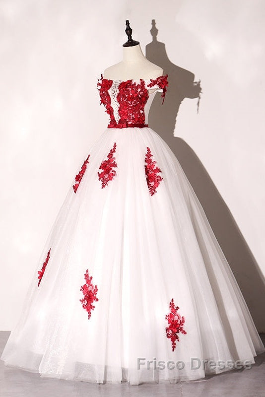 White Tulle Scoop Long Formal Dress With Red Lace, Lovely Red Formal Dress Formal Prom Dress