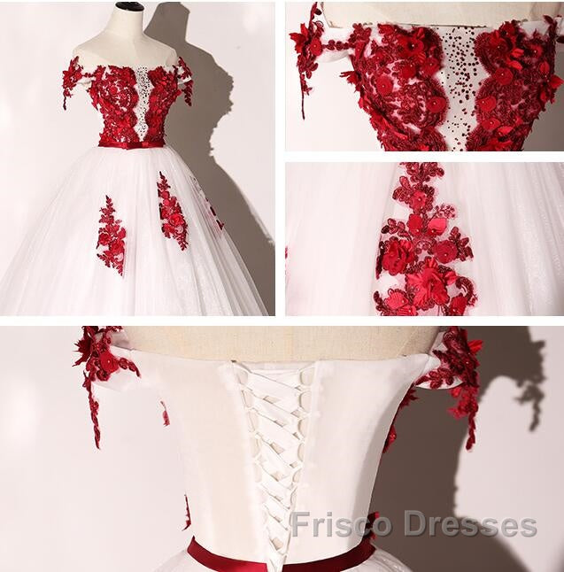 White Tulle Scoop Long Formal Dress With Red Lace, Lovely Red Formal Dress Formal Prom Dress