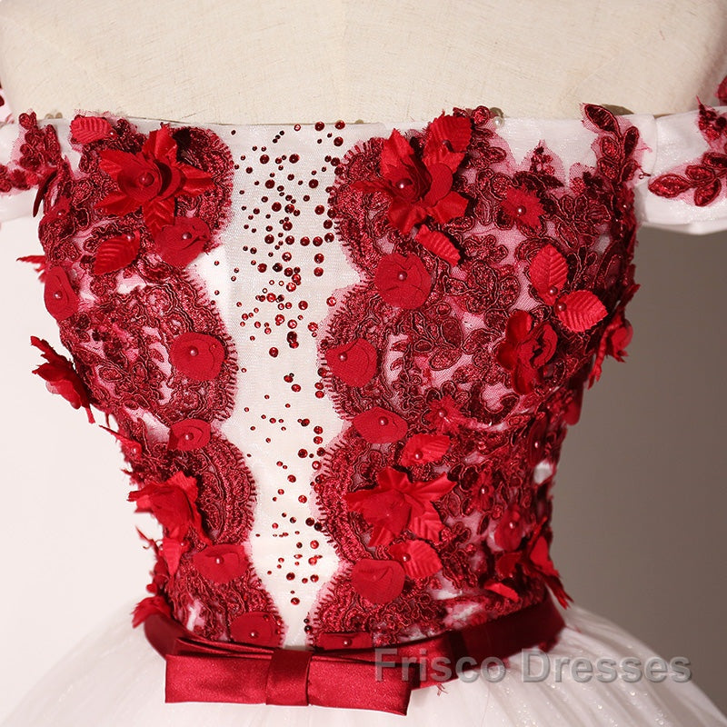White Tulle Scoop Long Formal Dress With Red Lace, Lovely Red Formal Dress Formal Prom Dress