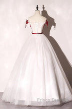 White Tulle Scoop Long Formal Dress With Red Lace, Lovely Red Formal Dress Formal Prom Dress