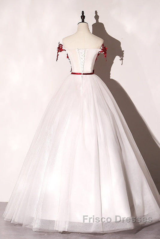 White Tulle Scoop Long Formal Dress With Red Lace, Lovely Red Formal Dress Formal Prom Dress