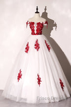 White Tulle Scoop Long Formal Dress With Red Lace, Lovely Red Formal Dress Formal Prom Dress