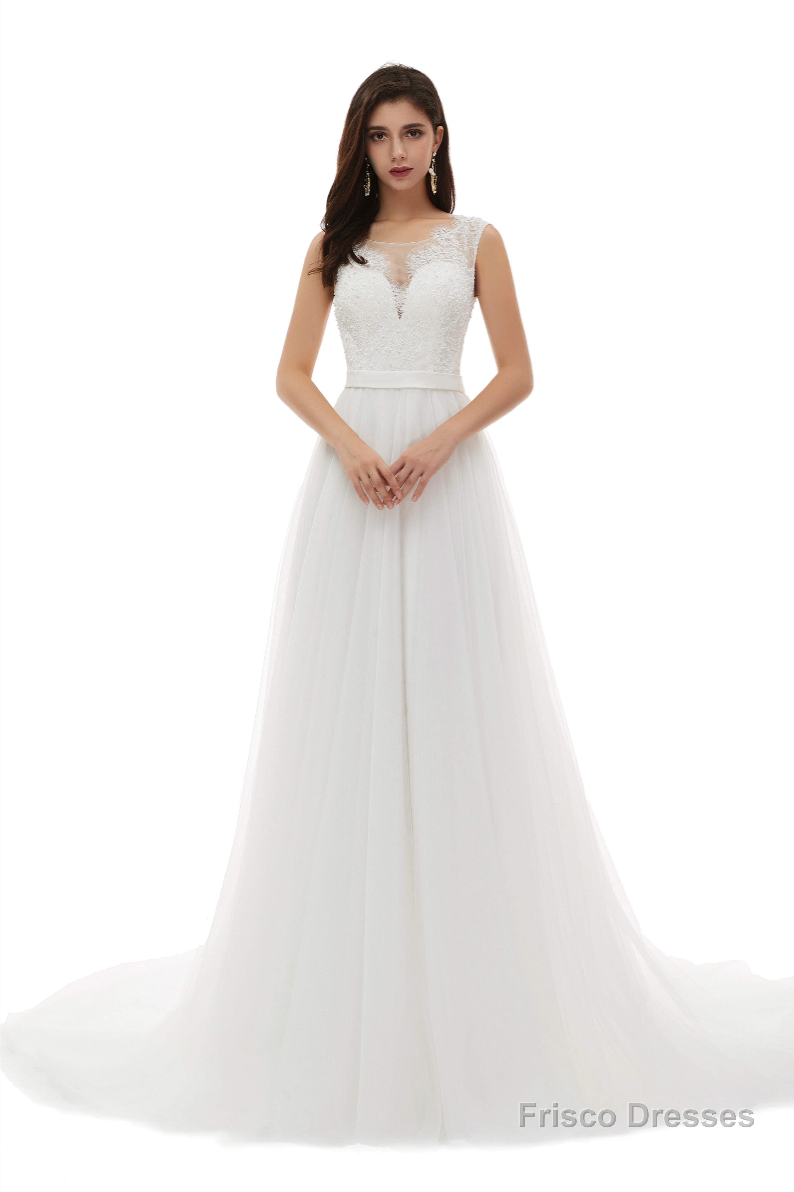 White Tulle Scoop Neck Lace Appliques Beading Wedding Dresses Secondary image