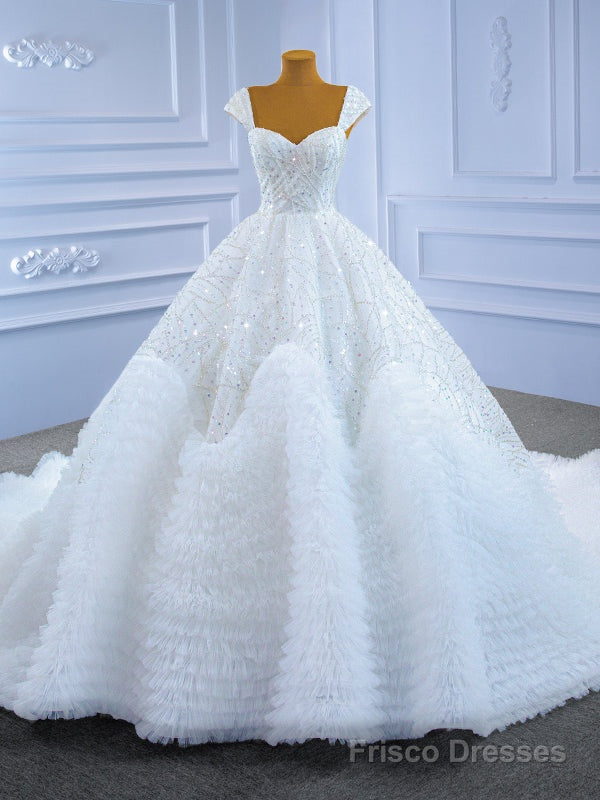 White Tulle Sequins Beading Straps Wedding Dress