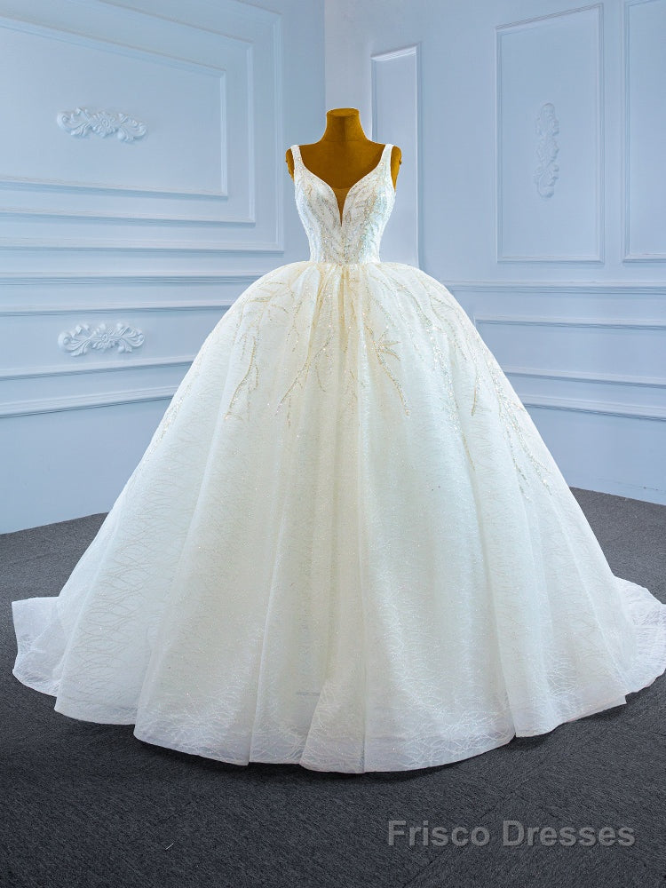 White Tulle Sequins Beading V-neck Wedding Dress Main image
