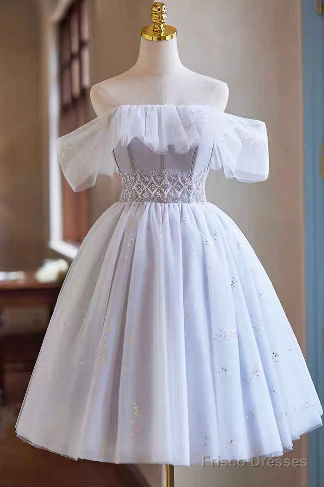 White Tulle Sequins Short Prom Dress, A-Line Off The Shoulder Evening Party Dress Main image
