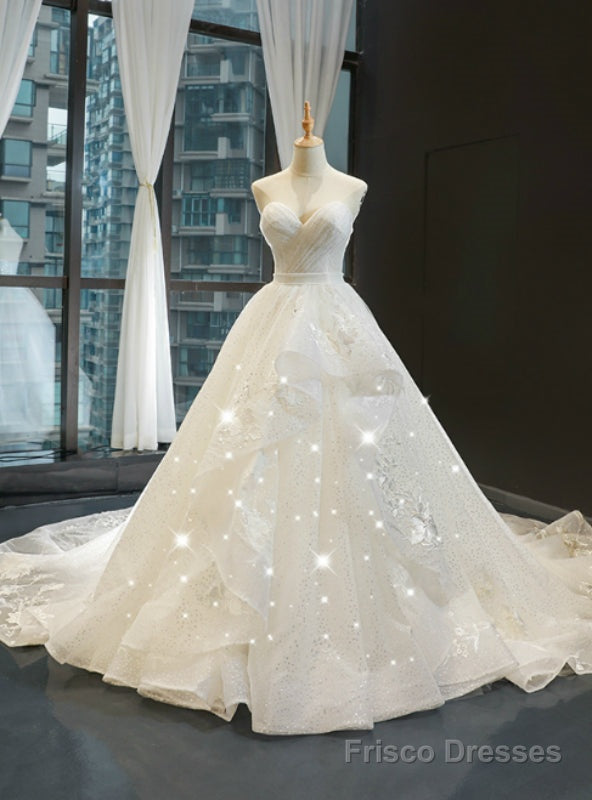 White Tulle Sequins Sweetheart Pleats Wedding Dress With Train Main image