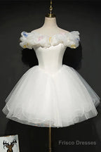 White Tulle Short Off Shoulder Homecoming Dress, White Graduation Dress