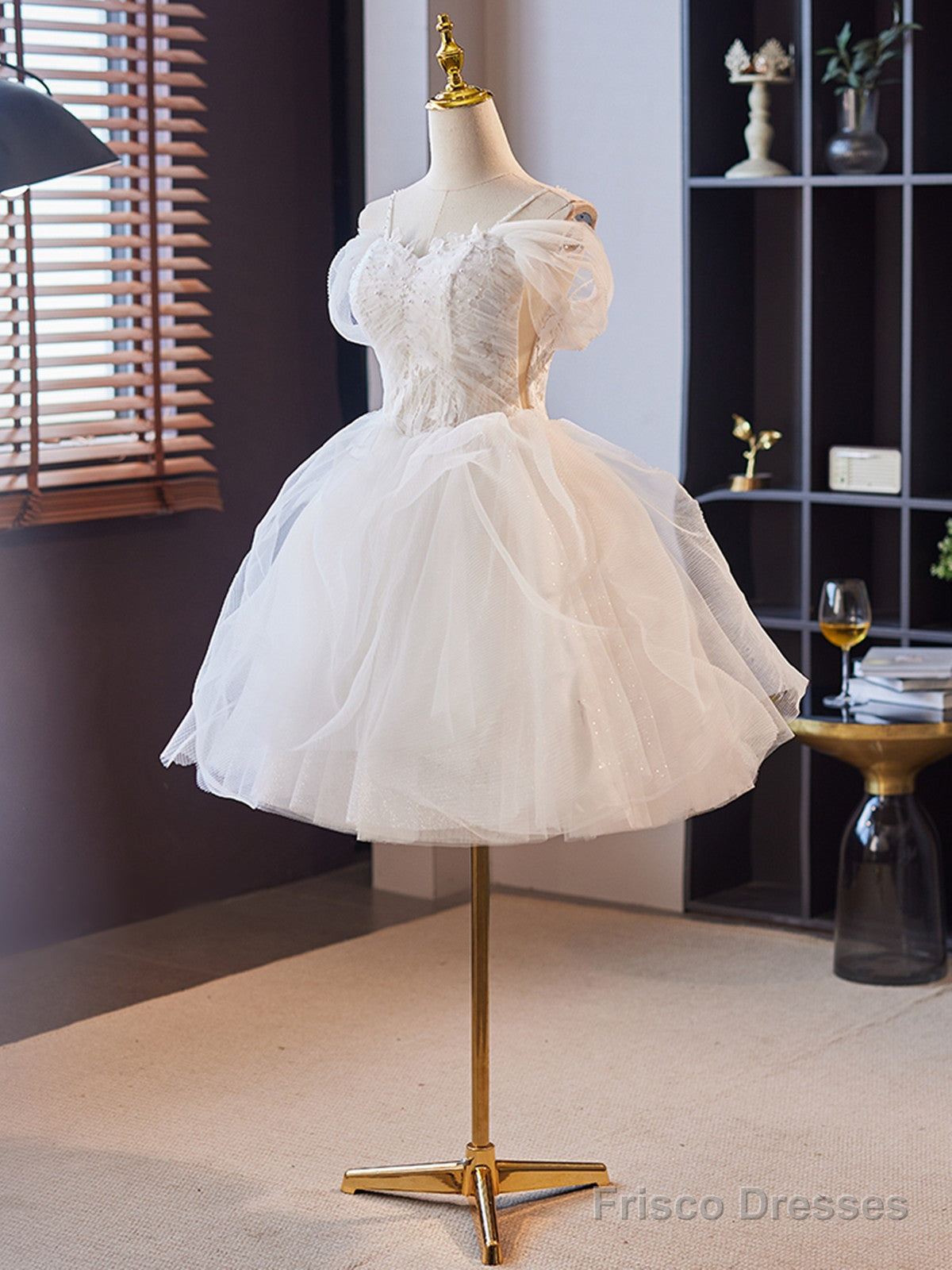 White Tulle Short Party Dress With Lace, White Straps Short Prom Dress Secondary image