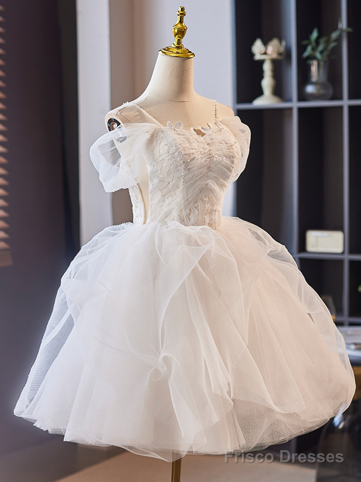 White Tulle Short Party Dress With Lace, White Straps Short Prom Dress